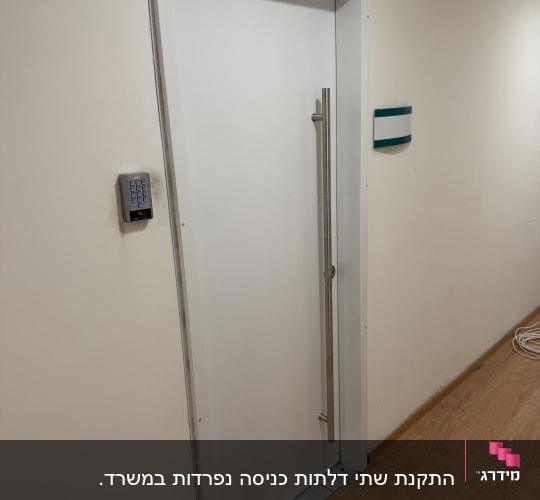 דלת לבנה עם ידית מתכת ומנעול קוד